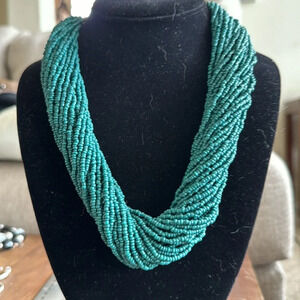 Teal blue seed beaded multi strand necklace